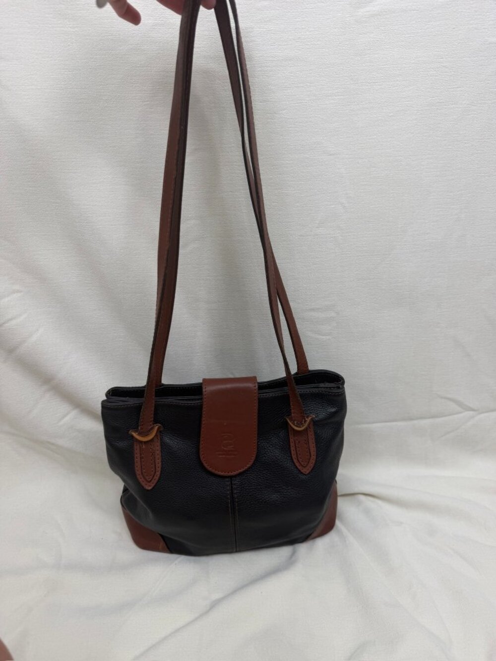 PEL Italian Leather Triple Compartment Shoulder Bag Black Cognac Vintage